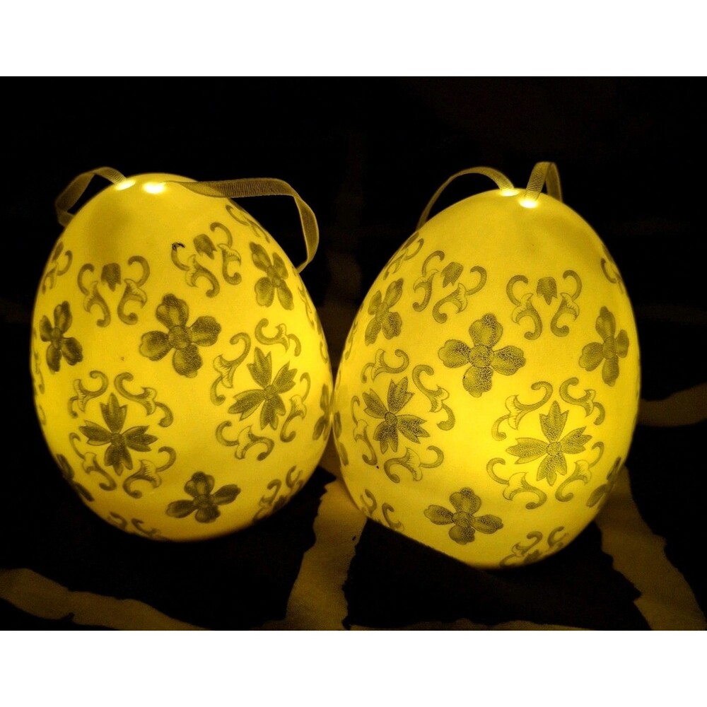Valerie Parr Hill Olive & White 2 Timed Illumination 3.5" Damask Porcelain Eggs